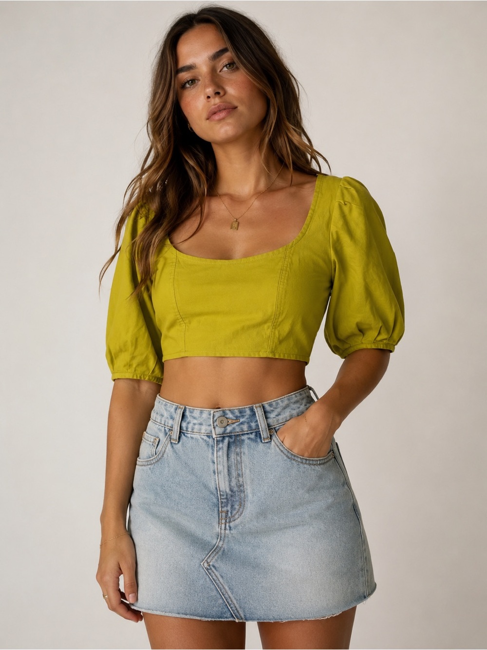 CIRCUS NY • NWT yellow denim puff sleeve crop top